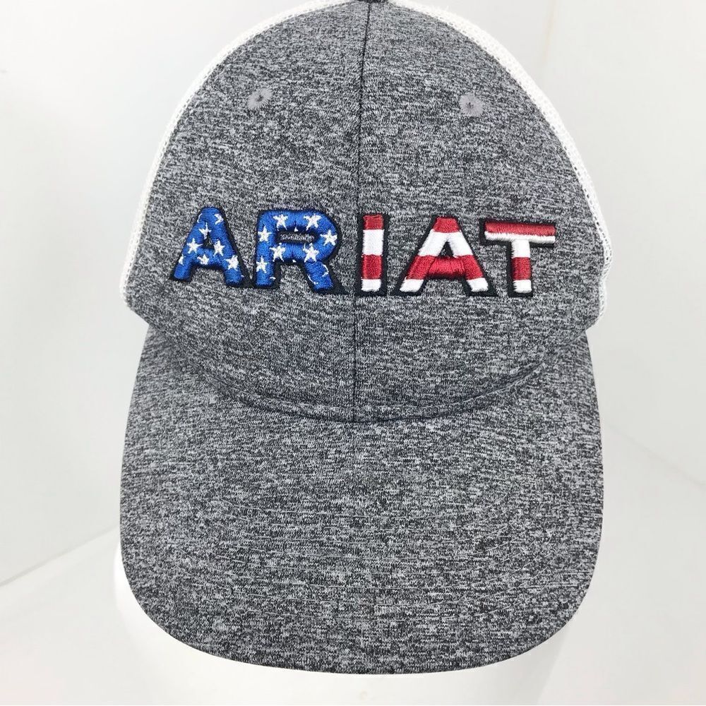 Ariat Gray White Patriotic Americana Flag Stars and Stripes Patch Trucker Cap